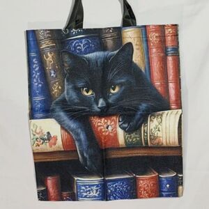 Black Cat on Vintage Bookshelf Library Graphic Tote Bag Multi